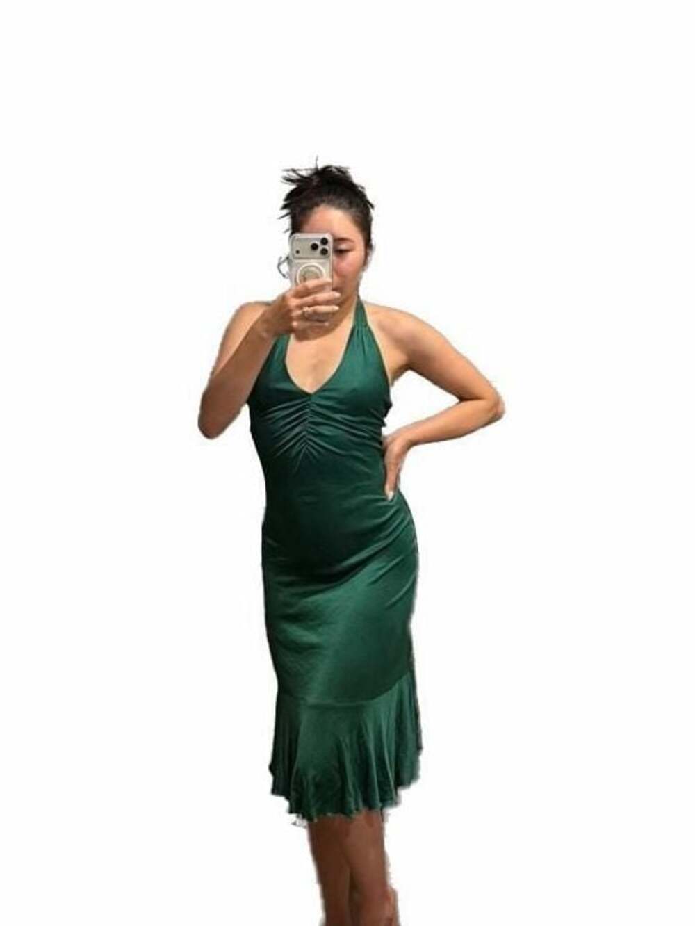 Morgan De Toi Vintage Green Satin Halter Midi Dress